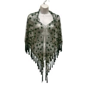 Green Beaded Sheer Shawl & Wrap Triangle Shape,Tassels Pull over Women S, Shiba
